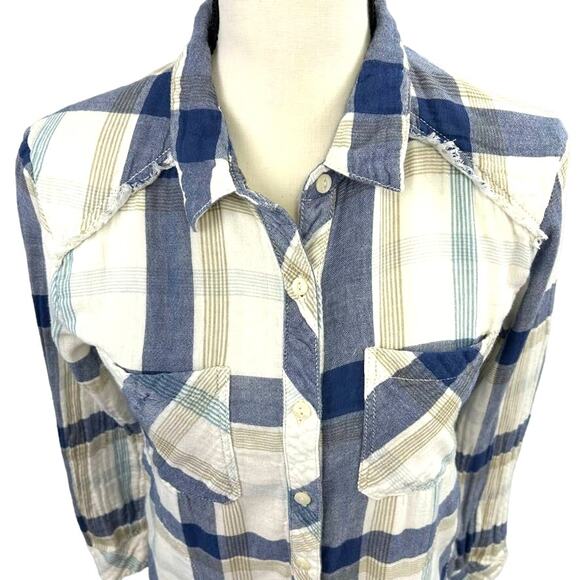 Dylan Ivory Plaid Frayed Hem Pocket Button Long Sleeve Sz S MSRP $120 - Picture 5 of 14